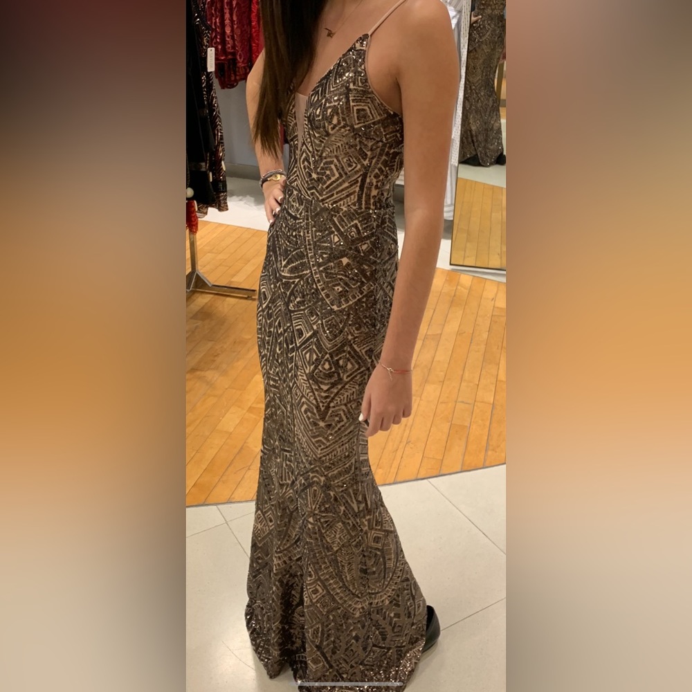 Aqua sequined geometric gold dress